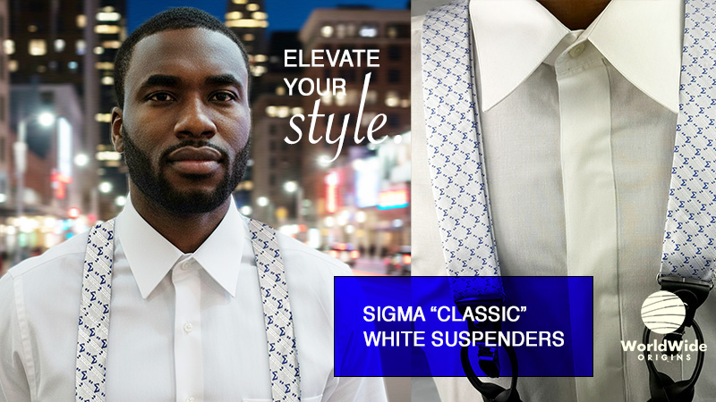 Sigma White Suspenders featuring Phi Beta Sigma colors and button suspenders for fraternity style.