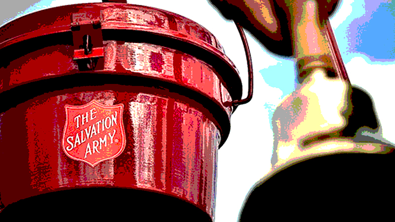 Salvation Army red kettle with a bell, symbolizing holiday charity and the tragic loss of a Detroit volunteer.