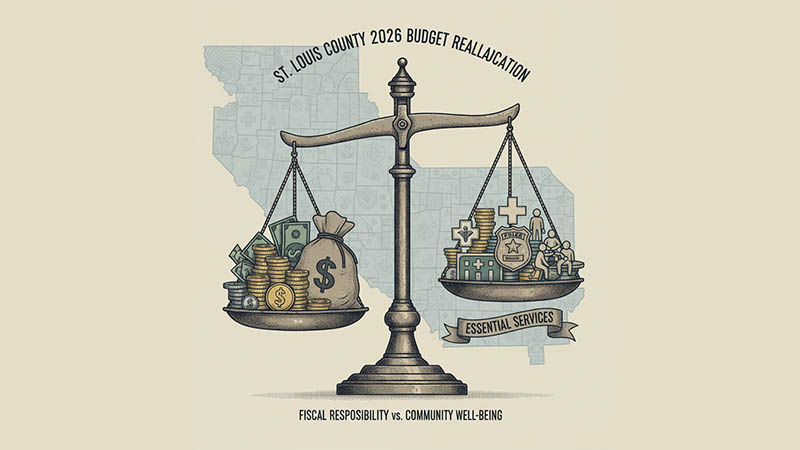 Illustration of St. Louis County budget cuts showing a balance scale with money and public services, symbolizing fiscal responsibility.