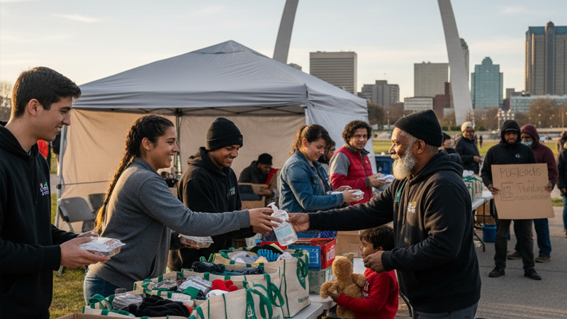 Volunteers distributing supplies to unhoused neighbors near the Gateway Arch in St. Louis, MO, during a Tent Mission STL outreach event.