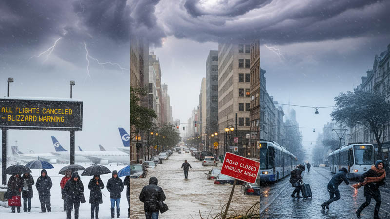 A dramatic depiction of global weather extremes impacting travel, featuring snowstorms, flooding, and icy roads disrupting air and road travel.