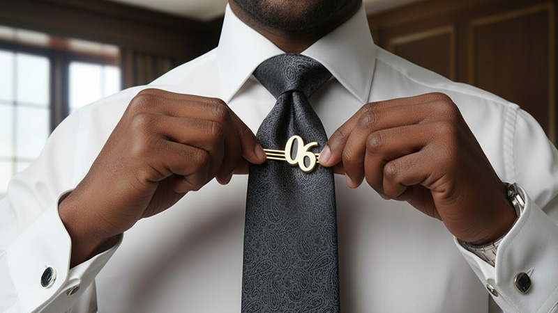 A close-up of a person adjusting a tie clip featuring the Alpha 06 design, symbolizing elegance and fraternity pride.