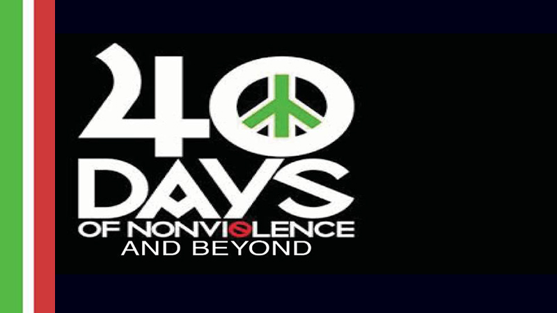 40 Days of Non-Violence logo with peace symbol and no-violence sign