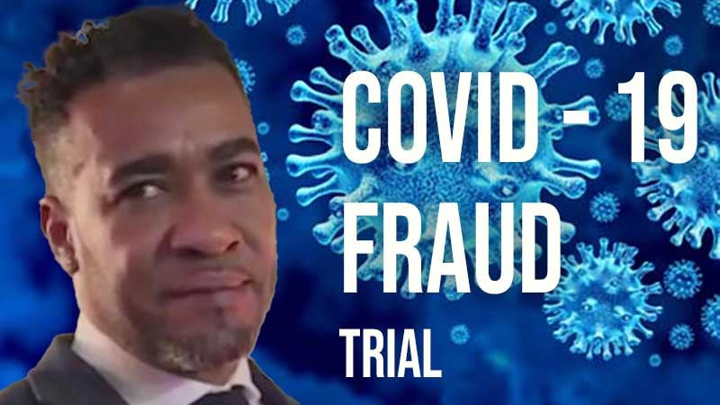 Portrait of Cortney Merritts with COVID-19 fraud trial text overlay.