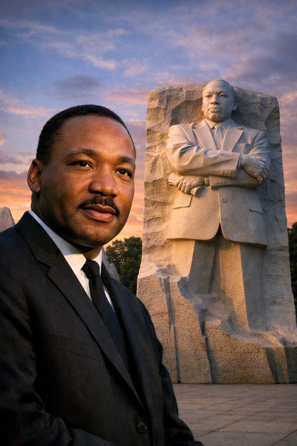 Composite image of Martin Luther King Jr. featuring a close-up portrait on the left and a stone monument of him on the right, set against a vibrant sunset sky.