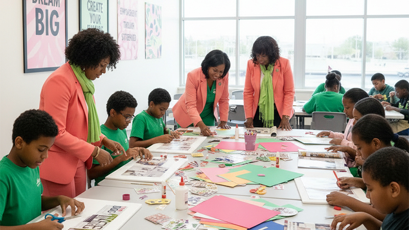 Children and mentors from Alpha Kappa Alpha's Youth Leadership Institute engaged in a creative vision board activity in a bright classroom.