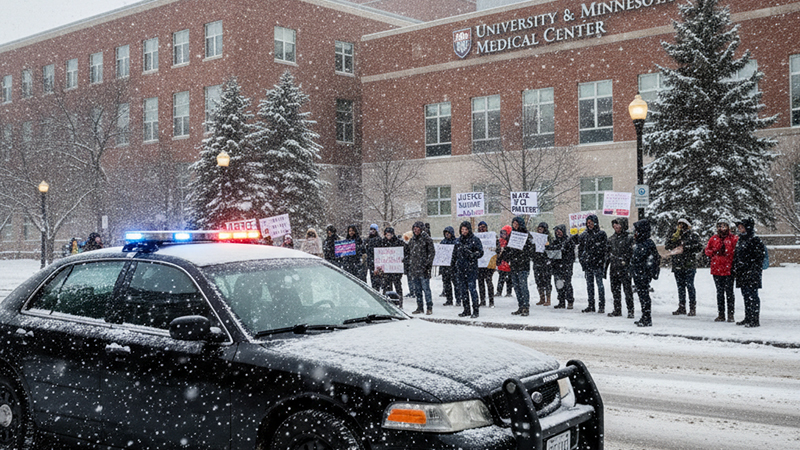 Police car outside Minneapolis hospital with protesters holding signs in snowy weather.