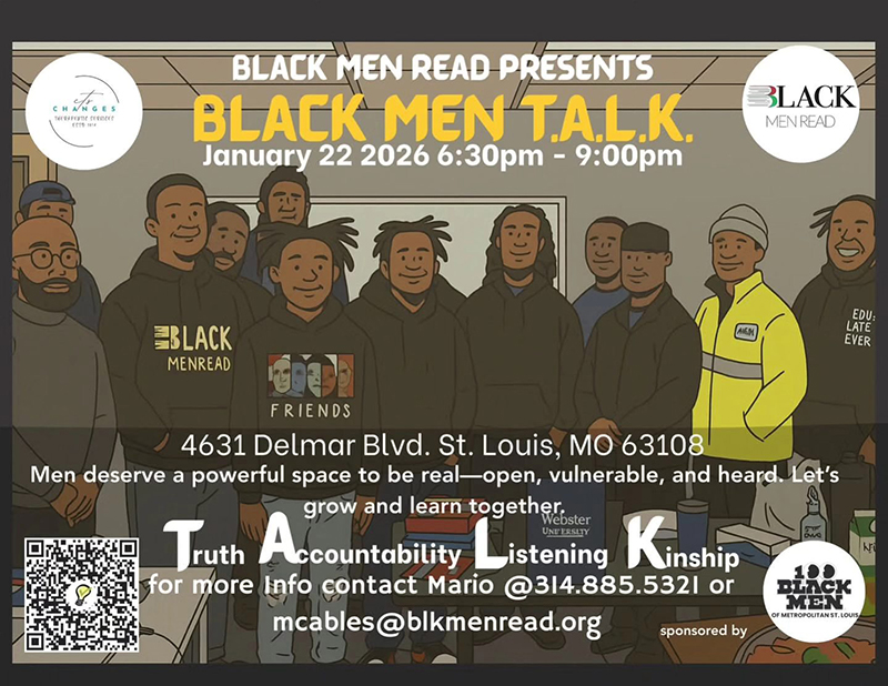 Promotional flyer for Black Men Talk event by Black Men Read, featuring diverse cartoon illustrations of Black men.