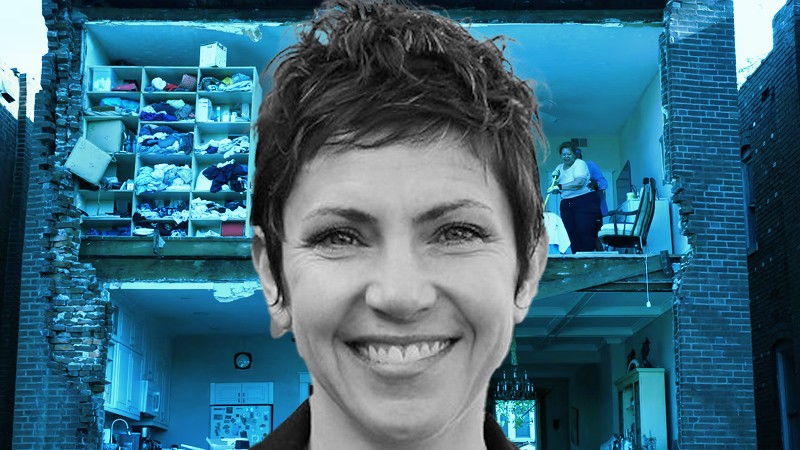 Portrait of Mayor Cara Spencer overlaid on a blue-tinted image of a partially destroyed brick building.