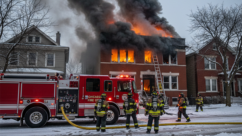 Firefighters respond to a fatal house fire in Logan Square during Chicago's winter cold snap.