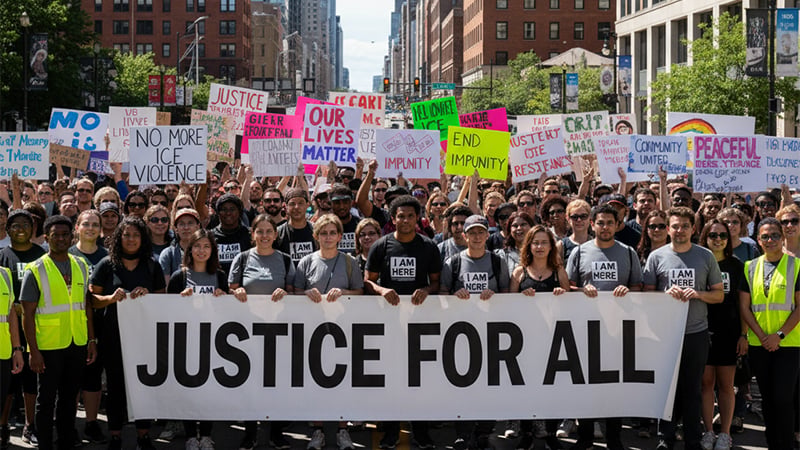 Protesters in Minneapolis holding signs demanding justice for Renee Nicole Good.