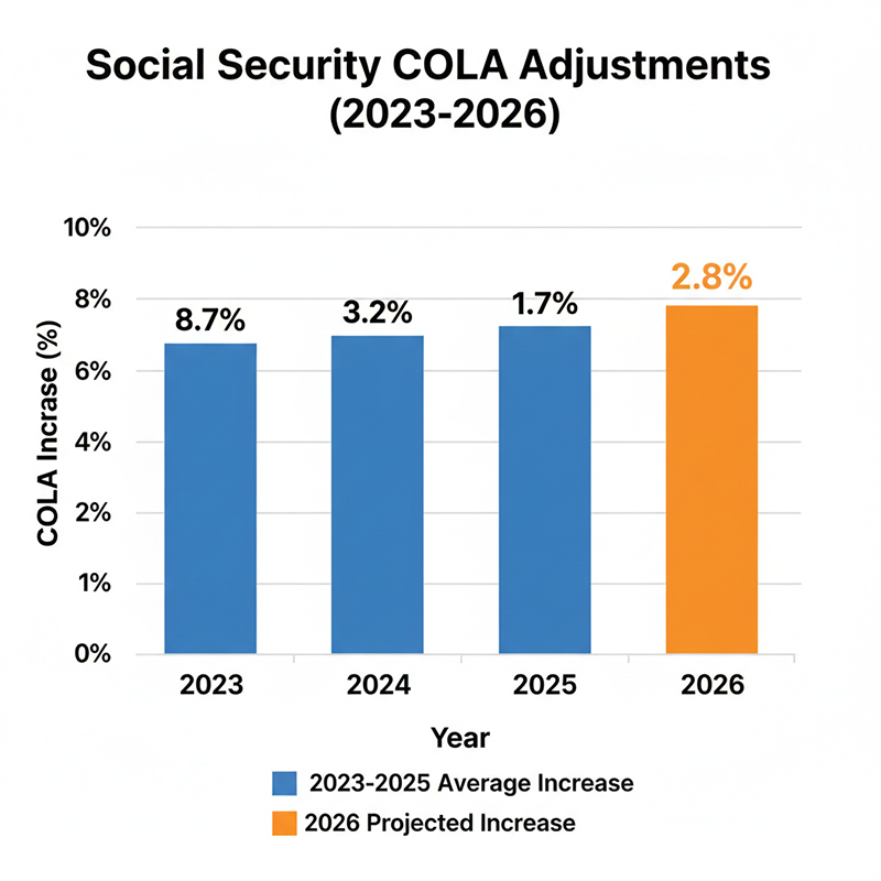 Bar chart showing Social Security COLA adjustments from 2023 to 2026, highlighting the 2.8% increase for 2026.