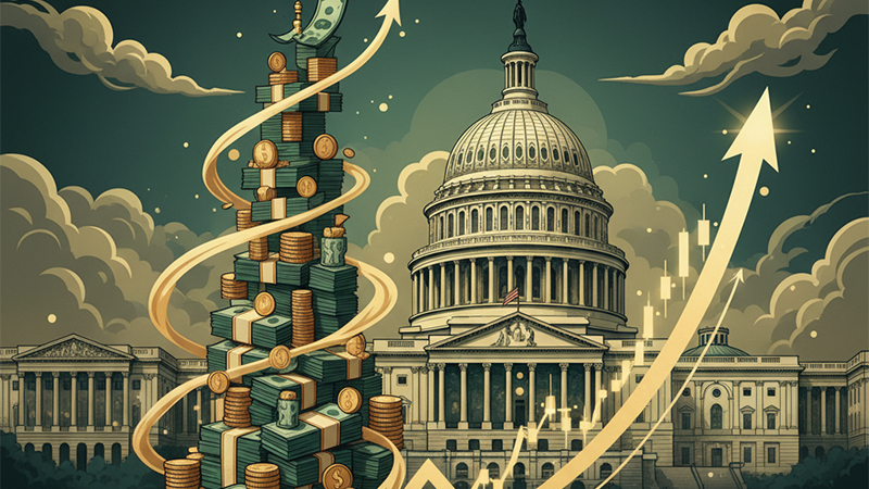 Illustration of Congress salaries and wealth-building methods, featuring a stack of money, a book, and a stock market graph with the U.S. Capitol in the background.