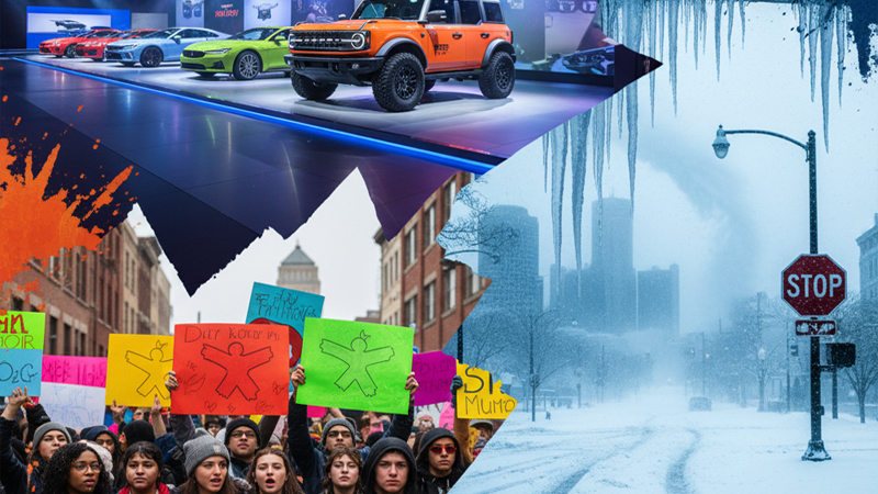 Detroit Auto Show highlights EVs and innovation; snow-covered streets depict winter storm's impact; protest signs demand sanctuary city status.