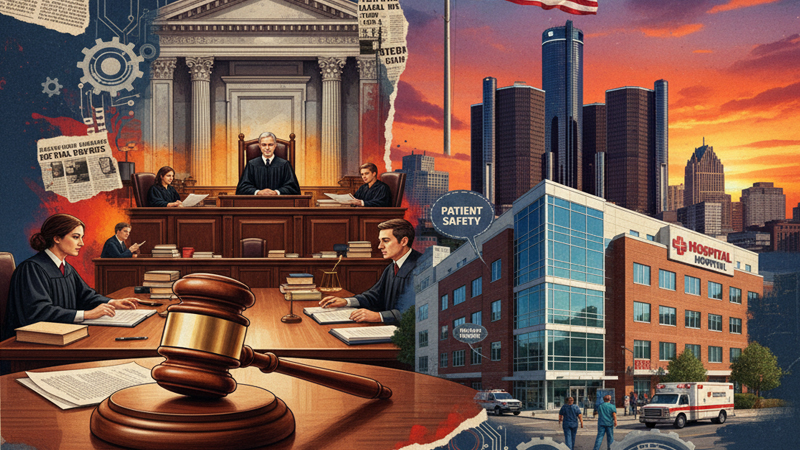 A gavel in a courtroom, the Detroit city skyline, and the exterior of a hospital building, representing breaking legal news, political developments, and lawsuits in Detroit.