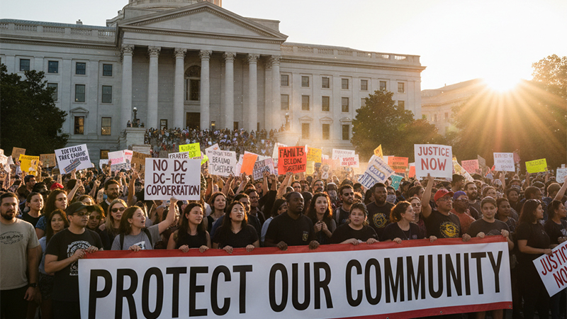 Protesters in Washington D.C. rally against DC Council and ICE cooperation, holding signs and banners advocating for community trust.