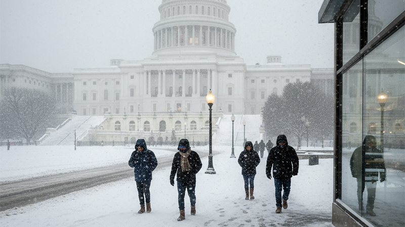 Snow-covered streets in Washington D.C. during the 2026 winter storm, highlighting the storm's impact on daily life.