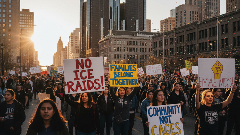 Protesters in Detroit holding signs against ICE operations, advocating for immigration reform and community unity.
