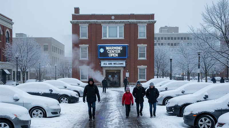 Snow-covered Detroit street with icy roads, a warming center sign, and bundled-up pedestrians braving the cold.