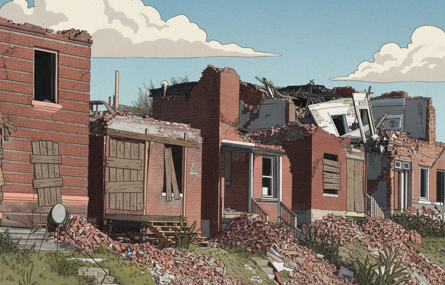 Illustration of dilapidated brick homes in North St. Louis, with boarded windows, rubble, and overgrown grass symbolizing urban decay.