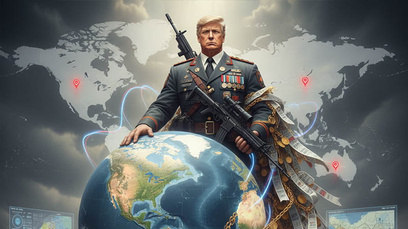Illustration of the Donroe Doctrine's impact on global alliances, showing U.S. dominance and geopolitical tension.