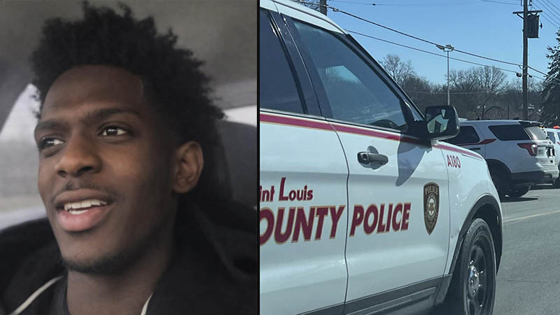 Split image showing a young Black man on the left and a St. Louis County Police vehicle on the right, symbolizing a connection to a news event.