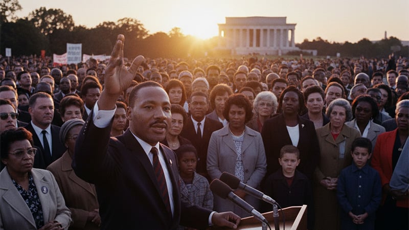 Martin Luther King Jr. pointing forward during a speech, symbolizing leadership and resilience.