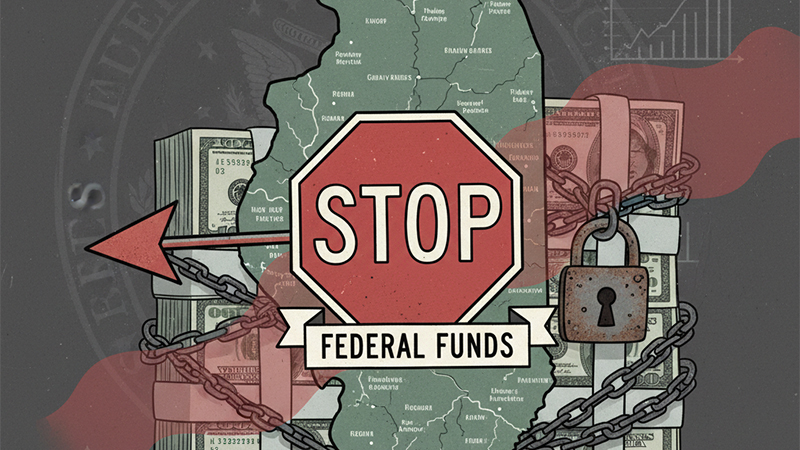 Federal funds withheld from Illinois due to fraud concerns, featuring a STOP sign over a map of Illinois and chained money stacks.
