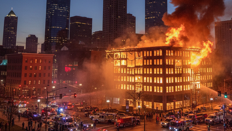  Kansas City skyline at night with smoke and flames from a building, emergency vehicles in the foreground, symbolizing New Year’s Day fires.