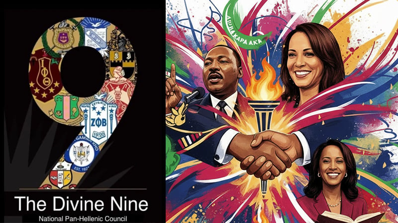 Illustration of the Divine 9 crests, Martin Luther King Jr., Kamala Harris, and symbols of unity and knowledge.