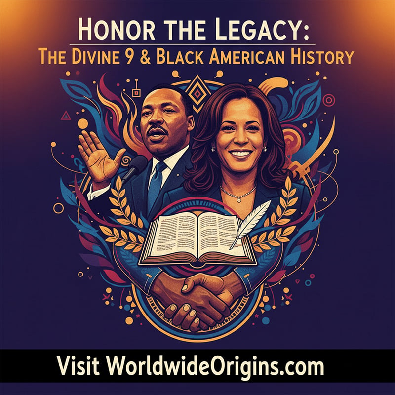 Poster honoring the Divine 9 with portraits of Martin Luther King Jr. and Kamala Harris, surrounded by vibrant cultural symbols.
