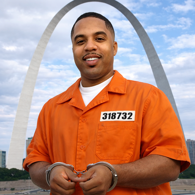 A man in an orange prison jumpsuit with handcuffs, standing in front of the Gateway Arch in St. Louis, symbolizing justice and incarceration.