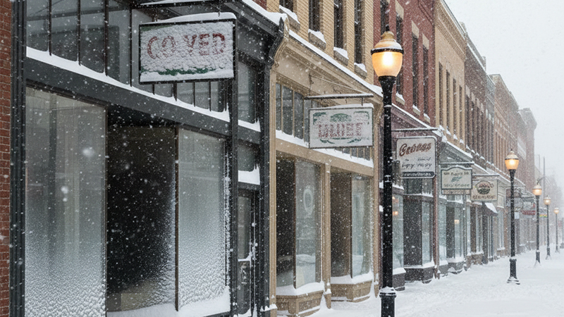 A snow-covered main street in a small town, featuring vintage storefronts, glowing streetlights, and falling snow. The scene is serene and nostalgic, with no people or vehicles visible.