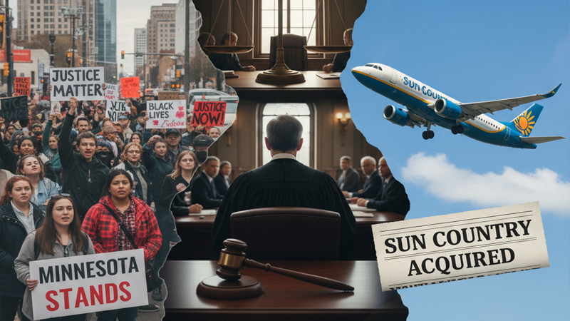 Protesters in Minneapolis holding signs for justice, courtroom scene with judge and scales, and Sun Country Airlines in flight.