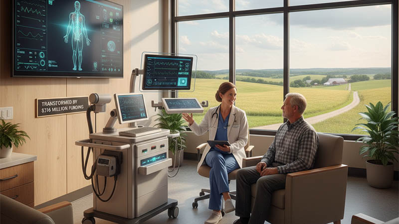 A doctor consulting with a patient in a modern Missouri rural health care clinic, showcasing advanced medical technology and rural scenery.