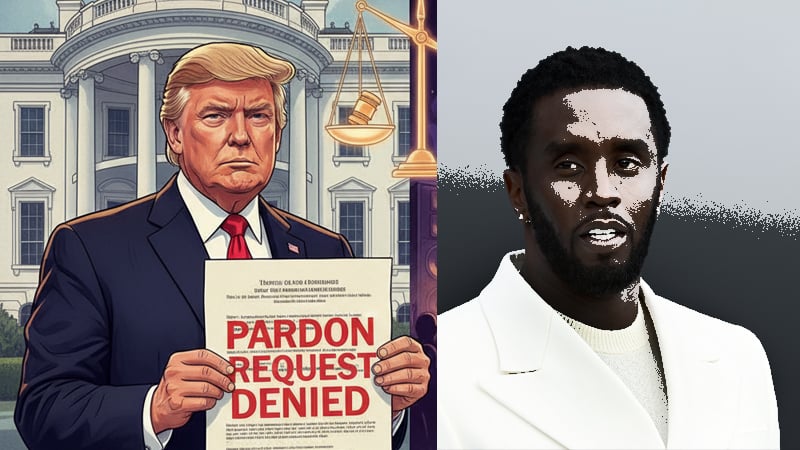 Donald Trump holding a "Pardon Request Denied" document while Sean 'Diddy' Combs looks contemplative, symbolizing their contrasting worlds.