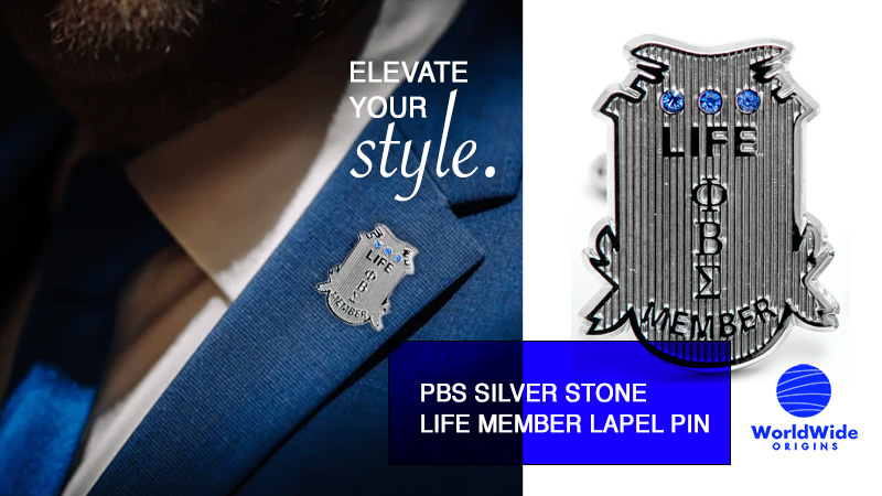 A close-up of the PBS Silver Stone Life Member Lapel Pin, showcasing its intricate silver design and blue stone detail, a key piece of Phi Beta Sigma paraphernalia.