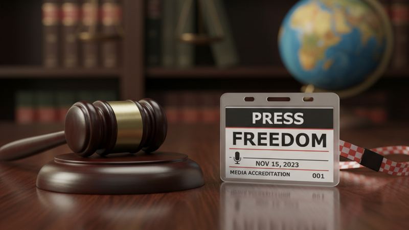 Press freedom badge with a gavel and justice scales on a wooden desk.