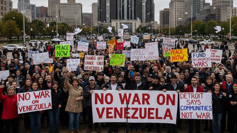 Protesters at Hart Plaza holding signs against U.S. intervention in Venezuela