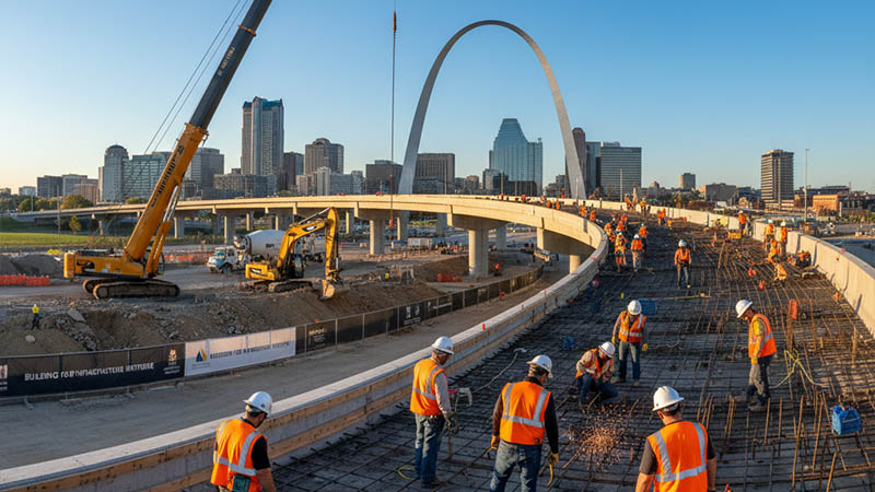 Construction crew working on a highway overpass with the St. Louis skyline in the background, symbolizing Missouri infrastructure development.