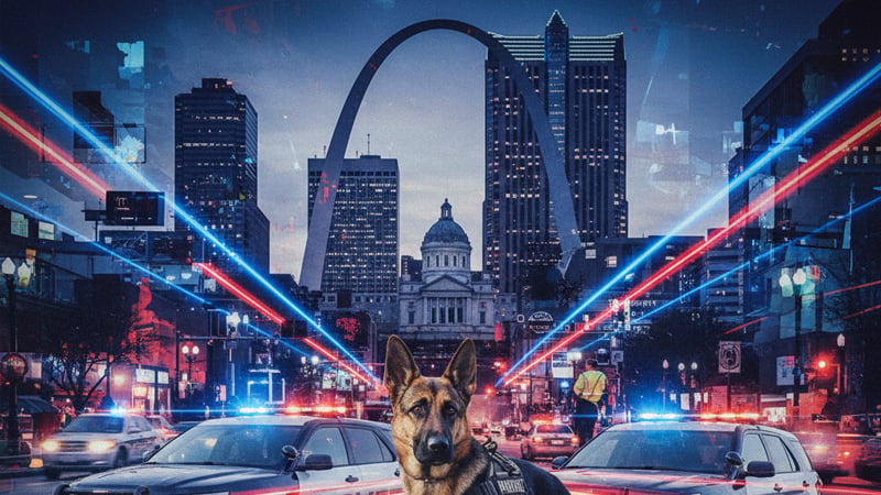 St. Louis and Missouri Breaking News graphic featuring a cityscape and police lights.