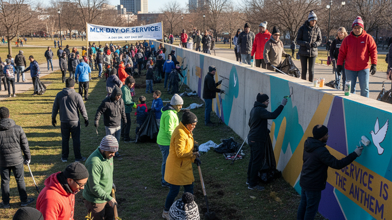 Volunteers planting trees and painting murals during MLK Day of Service in St. Louis.