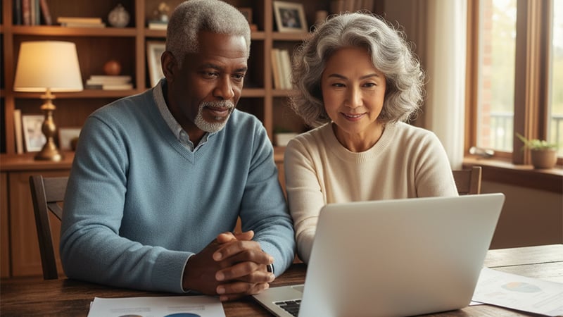 A photorealistic image of a senior African American man and Asian woman sitting at a table, reviewing financial documents in a cozy home setting.