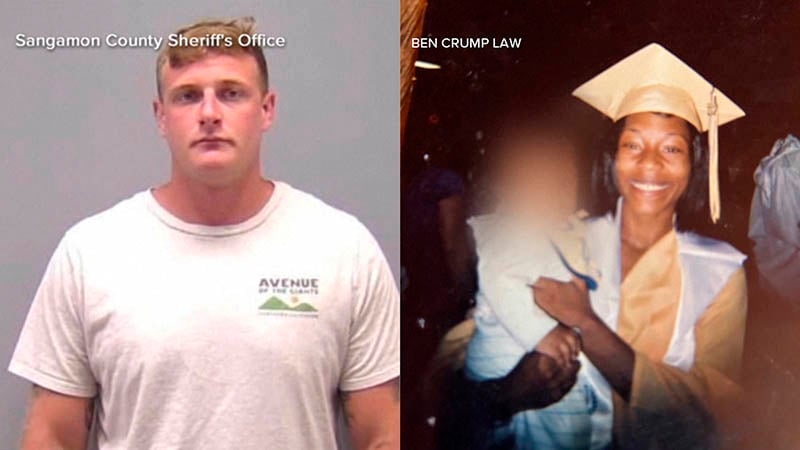 Split image showing a mugshot of Officer Sean Grayson, sentenced to 20 years for the death of Sonya Massey, alongside a smiling Sonya Massey in her graduation gown, a mother of two tragically killed in a case of death by police.