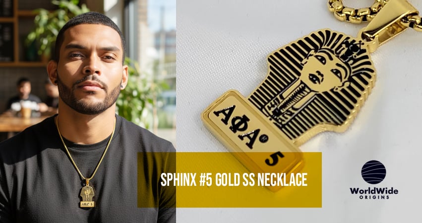 Sphinx #5 Gold SS Necklace worn by a model, showcasing cultural pride and style.