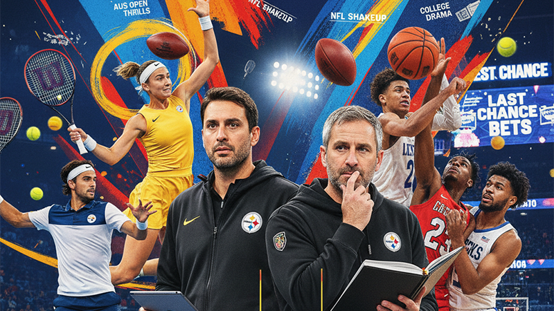 Dynamic sports collage featuring NFL coaching changes, Australian Open tennis action, and NCAA basketball drama."