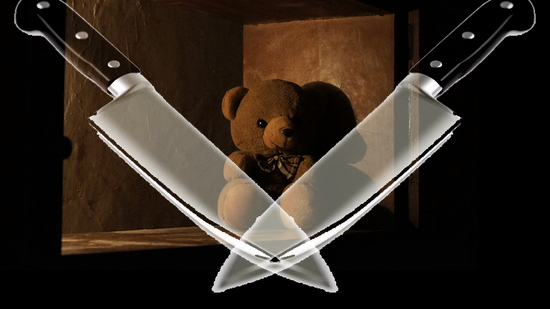 Teddy bear under a streetlamp with crossed knives in the foreground.