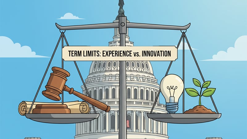 A balanced scale symbolizing the debate on term limits for Congress, with experience on one side and innovation on the other, set against the U.S. Capitol.
