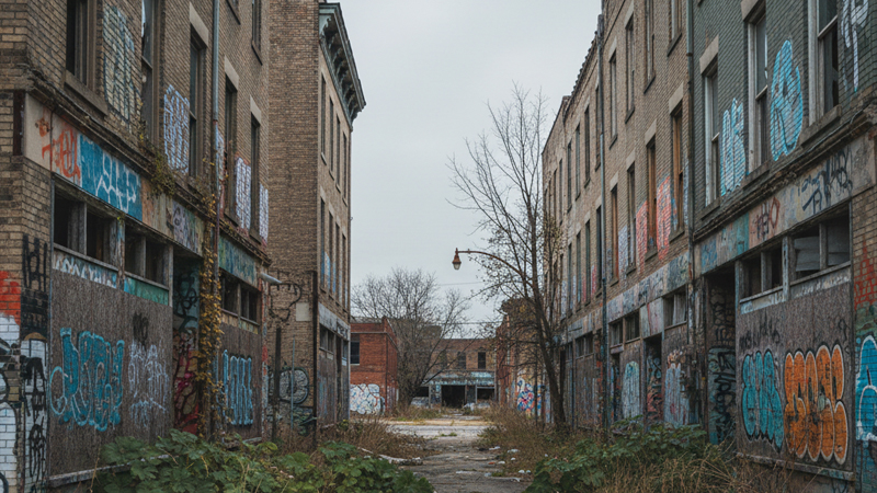 A rundown urban area in St. Louis with abandoned buildings, graffiti-covered walls, and overgrown vegetation.