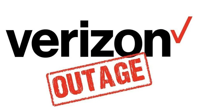 Verizon logo with a red "OUTAGE" stamp, symbolizing service disruption and potential cybersecurity concerns.